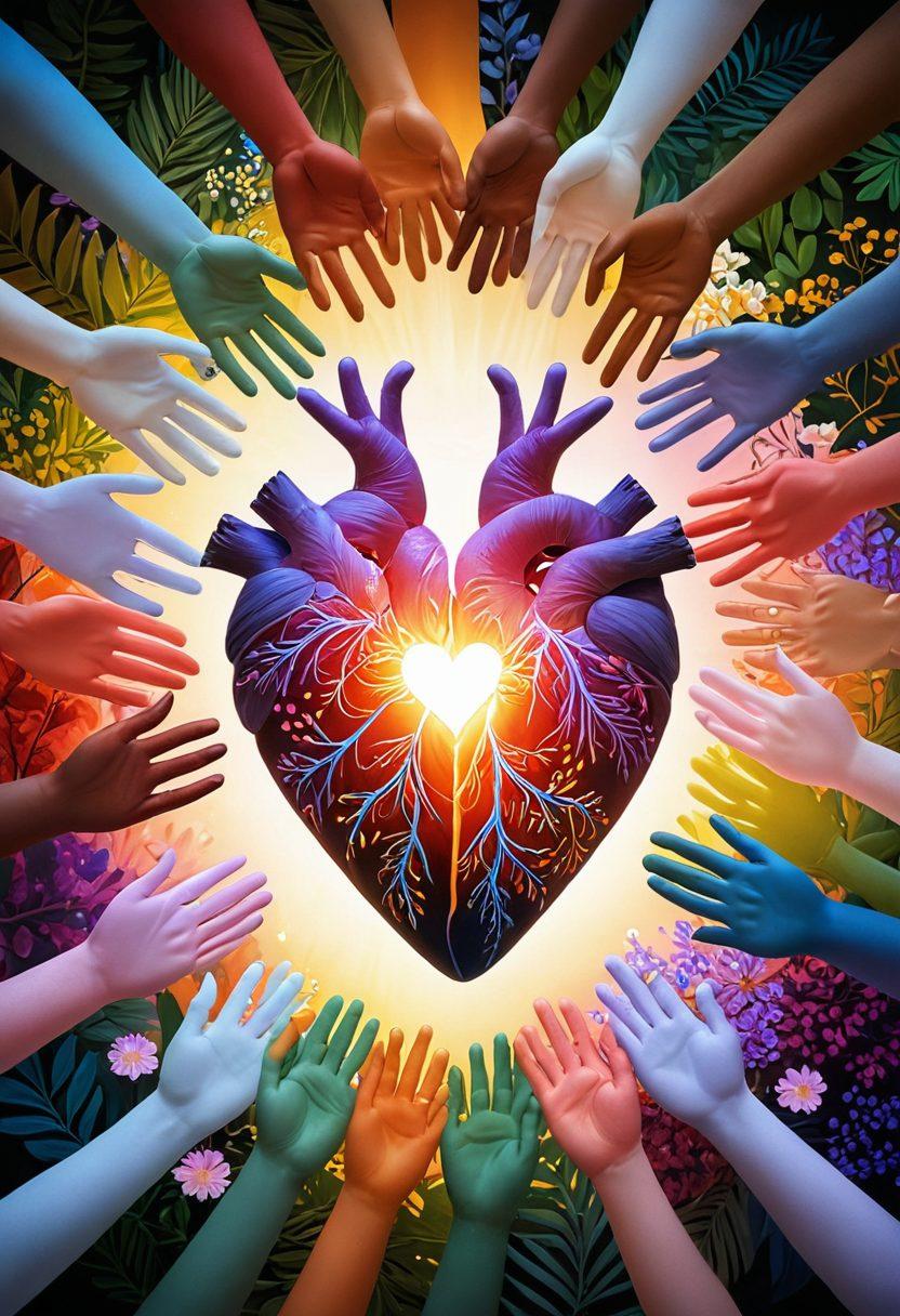 A heart intertwined with diverse hands of different colors reaching towards each other, symbolizing unity and connection. In the background, soft glowing lights represent warmth and affection. Vibrant flowers and leaves encircle the heart, emphasizing growth through love initiatives. The scene conveys a sense of community and togetherness. super-realistic. vibrant colors. soft focus.