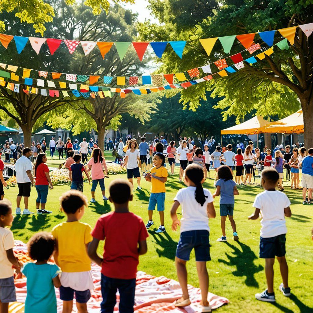 A diverse group of people engaged in an outdoor community event, sharing food, laughter, and conversations. Include children playing in the foreground, colorful banners representing different cultures, and warm golden sunlight that creates a sense of joy and togetherness. The background features a community park with blooming flowers, symbolizing growth and unity. vibrant colors. 3D.
