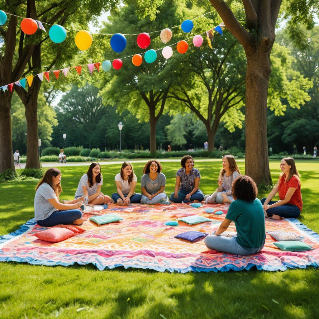 A joyful gathering of diverse individuals engaging in various activities like team-building games, collaborative art projects, and group discussions in a sunny park. Include picnic blankets, vibrant banners promoting inclusivity, and smiling faces to capture a sense of unity and support. The background features lush greenery and playful decorations, creating an inviting atmosphere. vibrant colors. super-realistic.